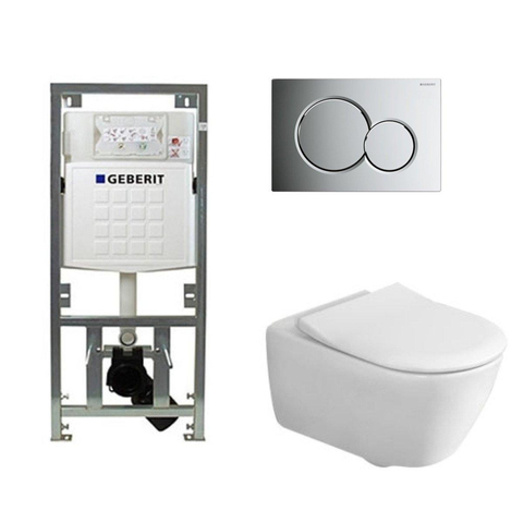 Villeroy et Boch Subway 2.0 Pack WC encastrable avec WC suspendu DirectFlush à fond creux, abattant Slimseat et plaque de commande chromé brillant SW105542