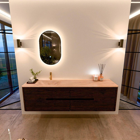 Mondiaz CIRO-DLUX Badkamermeubelset - 180x45x50cm - Solid surface wastafel Saba - 1 wasbak Links - 1 kraangat - 4 lades - Walnut SW1530725