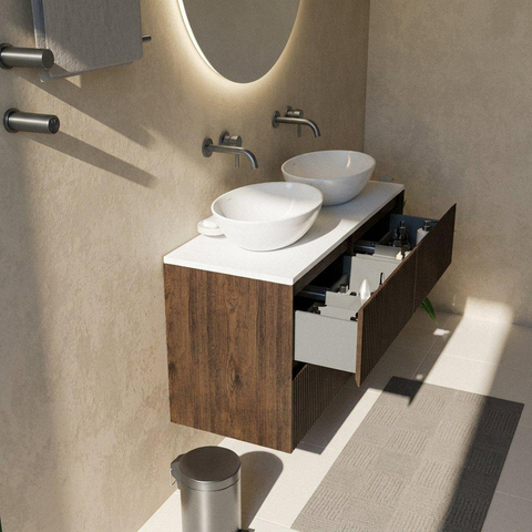 Saniclass Holz Atelier Ensemble de meubles de salle de bains - 120x45x62.5cm - Plan de toilette Torino en solid surface blanc - sans trou de robinetterie - 2 tiroirs - chêne charcoal mat (bois) SW1478711