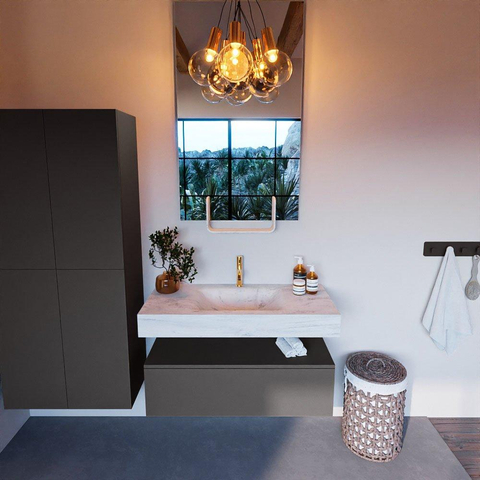 Mondiaz ALAN-DLUX Ensemble de meuble - 100cm - meuble Dark grey mat - 1 tiroir - Lavabo Cloud Opalo suspendu - vasque Centre - 1 trou de robinet SW806290