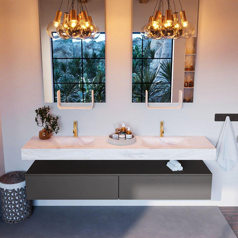 Mondiaz ALAN-DLUX Ensemble de meuble - 200cm - meuble Dark grey mat - 2 tiroirs - Lavabo Cloud Ostra suspendu - vasque Gauche et droite - 2 trous de robinet SW807194