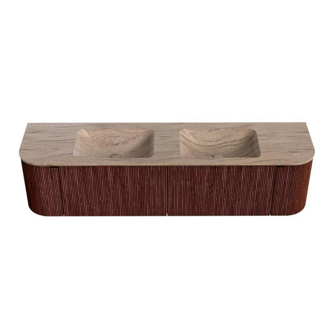 MONDIAZ KURVE-DLUX Meuble de salle de bains 180cm arrondi gauche + droite couleur Ruby avec 2 tiroirs et 2 portes. Lavabo LEAF Double sans trou de robinet Saba. SW1433506