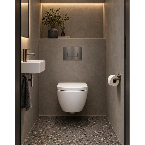 QeramiQ Dely Swirl Compact Toiletset - inbouwreservoir QeramiQ flush - 25mm zitting - metalen bedieningsplaat gunmetal - rechthoekige knoppen - glans wit SW1590606