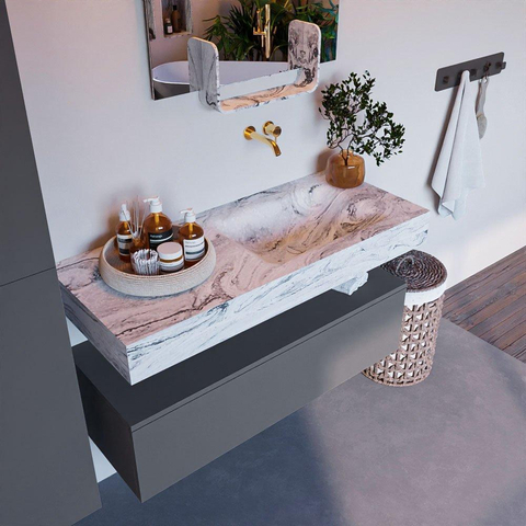 Mondiaz ALAN-DLUX Ensemble de meuble - 110cm - meuble Plata mat - 1 tiroir - Lavabo Cloud Glace suspendu - vasque Droite - 0 trous de robinet SW806110