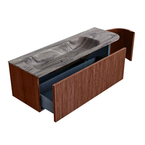 MONDIAZ KURVE-DLUX Meuble de salle de bains 135cm arrondi à droite couleur Ruby avec 1 tiroir et 1 porte. Lavabo BIG MEDIUM gauche 1 trou de robinetterie Sombra. SW1433965