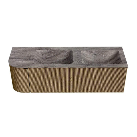 MONDIAZ KURVE-DLUX Meuble de salle de bains 145 cm arrondi à gauche couleur Dusk avec 1 tiroir et 1 porte. Lavabo LEAF Double / Droite 2 trous de robinet Oza. SW1433016