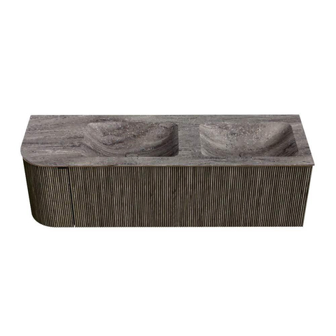 MONDIAZ KURVE-DLUX meuble de salle de bains 145cm arrondi à gauche couleur Shadow avec 1 tiroir et 1 porte. Lavabo LEAF Double / droit 2 trous de robinet Oza. SW1432923