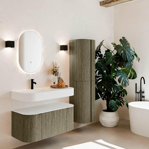 MONDIAZ THOR 100cm meuble de salle de bains arrondi gauche + droite couleur Shadow avec 1 tiroir et 2 portes. Vasque suspendue CLOUD gauche 1 trou de robinet couleur Talc. SW1467443