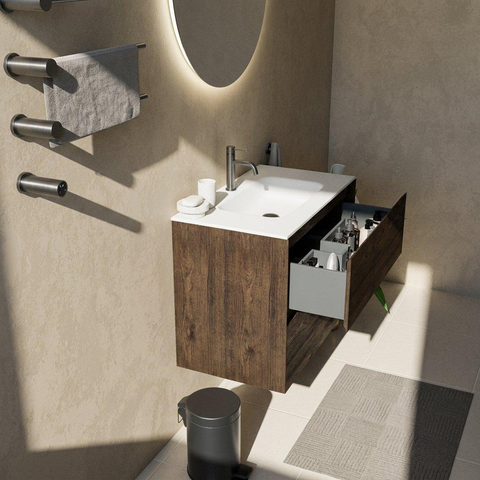 Saniclass Holz Pure Ensemble meuble de salle de bains - 80x45x61.5cm - Vasque Flow en solid surface blanc - 1 vasque - 1 trou de robinetterie - 2 tiroirs - chêne charcoal mat (bois) SW1478392