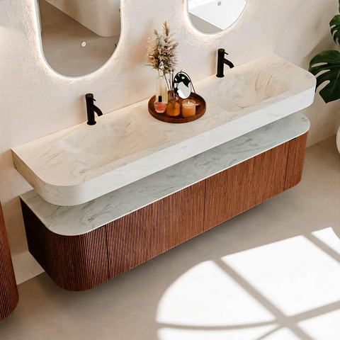 MONDIAZ THOR-DLUX 180cm meuble de salle de bains arrondi gauche + droite couleur Ruby avec 2 tiroirs et 2 portes. Vasque suspendue CLOUD Double 2 trous de robinet couleur Opalo. SW1466073