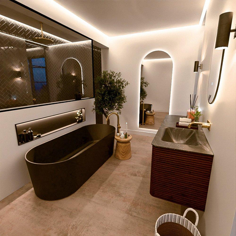 Mondiaz CIRO-DLUX Meuble de salle de bains - 140x45x50cm - Vasque en solid surface Lava - 1 lavabo à droite - sans trous de robinet - 4 tiroirs - Ruby SW1531600