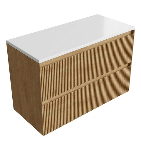 Saniclass Holz Atelier Ensemble meuble de salle de bains - 100x45x62.5cm - plan Torino en Solid Surface blanc - sans trou de robinetterie - 2 tiroirs - chêne natural mat (bois) SW1478704