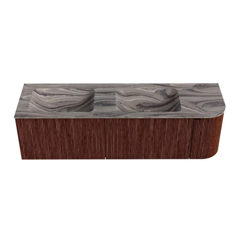 MONDIAZ KURVE-DLUX Meuble de salle de bains 155cm arrondi à droite couleur Ruby avec 2 tiroirs et 1 porte. Plan vasque LEAF Double / Gauche 2 trous de robinet Sombra. SW1433991