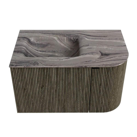 MONDIAZ KURVE-DLUX Meuble de salle de bains 75 cm arrondi à droite couleur Shadow avec 1 tiroir et 1 porte. Vasque GRUNNE à gauche sans trou de robinet Sombra. SW1433722