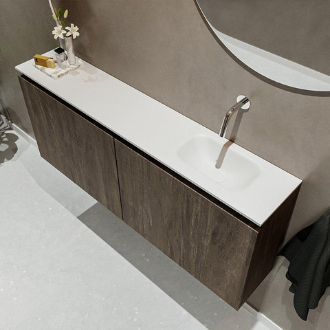 MONDIAZ TURE Toiletmeubel 120x23x50cm met 0 kraangaten 2 deuren dark brown mat Wastafel Eden rechts Solid Surface Wit SW475177