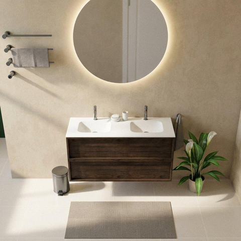 Saniclass Holz Frame Ensemble de meubles de salle de bains - 120x45x61.5cm - lavabo Flow en solid surface blanc - 2 vasques - 2 trous de robinet - 2 tiroirs - chêne charcoal mat (bois) SW1579787