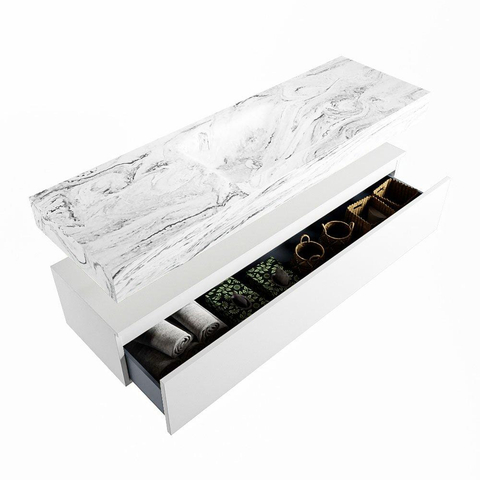 Mondiaz ALAN-DLUX Ensemble de meuble - 150cm - meuble Talc mat - 1 tiroir - Lavabo Cloud Glace suspendu - vasque Centre - 1 trou de robinet SW805171