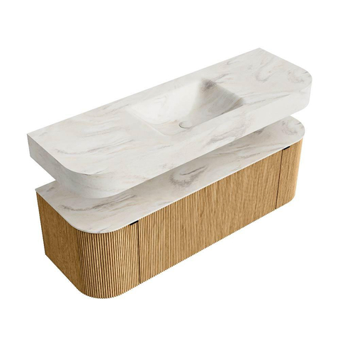 MONDIAZ THOR-DLUX Meuble de salle de bains 140cm arrondi gauche + droite couleur Oak avec 1 tiroir et 2 portes. Vasque suspendue CLOUD Milieu sans trou de robinet couleur Ostra. SW1463940