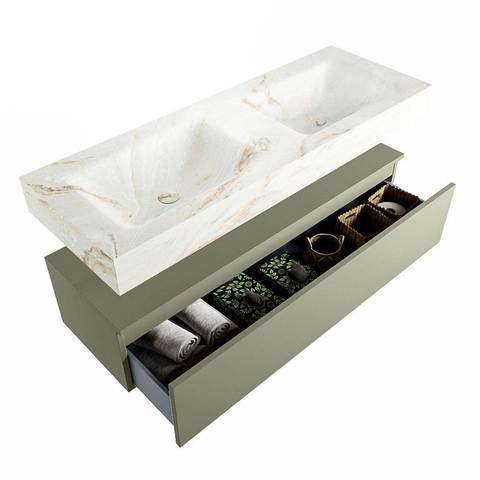 Mondiaz ALAN-DLUX Ensemble de meuble - 130cm - meuble Army mat - 1 tiroir - Lavabo Cloud Frappe suspendu - vasque Gauche et droite - 0 trous de robinet SW805598