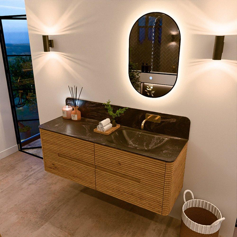 Mondiaz CIRO-DLUX Meuble de salle de bains - 140x45x50cm - Plan vasque solid surface Lava - 1 lavabo à droite - sans trous de robinetterie - 4 tiroirs - Chêne SW1531015