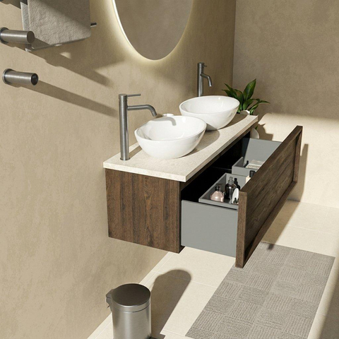 Saniclass Holz Frame Badkamermeubelset - 120x45x43cm - Travertine natuurstenen topblad - 2 kraangaten - 1 lade - mat eiken charcoal (hout) SW1478883