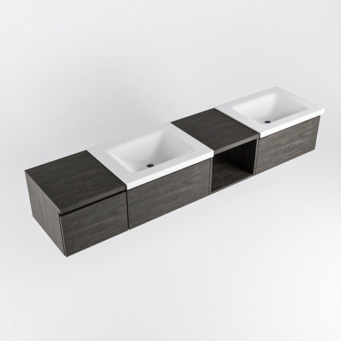 MONDIAZ BUKLA 200cm ensemble de meuble avec module ouvert 40 à droite couleur Marron Foncé avec 3 tiroirs. Lavabo CLOUD double 2 trous de robinet couleur Talc. SW1382132