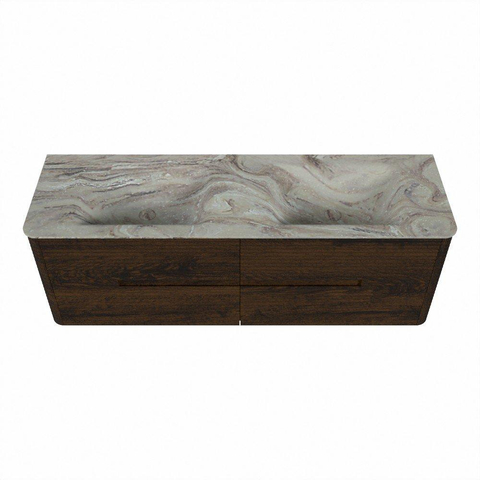 Mondiaz CIRO-DLUX Meuble de salle de bains - 150x45x50cm - Plan vasque solid surface Glace - 2 vasques double - sans trous de robinetterie - 4 tiroirs - Noyer SW1530246