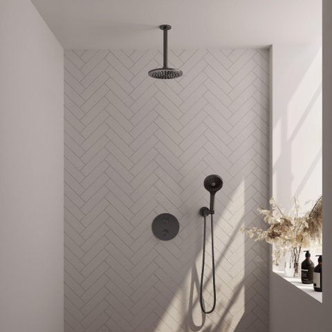 BRAUER Douche à l'italienne thermostatique Gunmetal Carving - 3 voies - rond - set 83 - douche principale de 20 cm - bras plafond - douchette à main 3 positions - flexible de douche - coude mural - gunmetal brossé PVD SW1159167