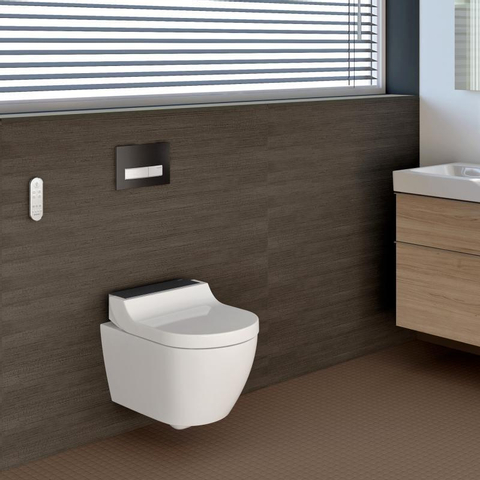 Geberit AquaClean Tuma Comfort Douchewc zwart glas decorplaat - met zwarte wandbediening - wit glans SW809482