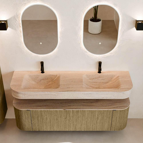 MONDIAZ THOR-DLUX 160cm meuble de salle de bains arrondi gauche + droite couleur Dusk avec 1 tiroir et 2 portes. Vasque suspendue CLOUD Double 2 trous de robinet couleur Saba. SW1465354
