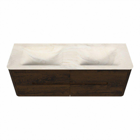 Mondiaz CIRO-DLUX Badkamermeubelset - 140x45x50cm - Solid surface wastafel Ostra - 2 wasbak Dubbel - 2 kraangaten - 4 lades - Walnut SW1530372