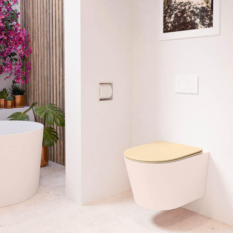 Mondiaz LAVIE hangtoilet – spoelrandloos – 36 x 53 cm – met softclose zitting – Rosee (roze), zitting Sand (beige) SW1208774