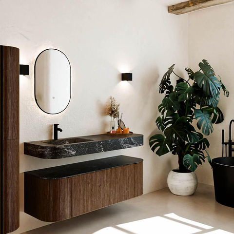 MONDIAZ THOR-DLUX 140cm meuble de salle de bains arrondi gauche + droite couleur Walnut avec 1 tiroir et 2 portes. Vasque suspendue CLOUD gauche 1 trou de robinet couleur Lava. SW1463971
