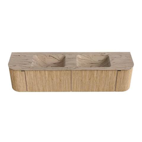 MONDIAZ KURVE-DLUX 180cm badmeubel ronding Links + Rechts kleur Oak met 2 lades en 2 deuren. Wastafel LEAF Dubbel zonder kraangat Arena. SW1431154