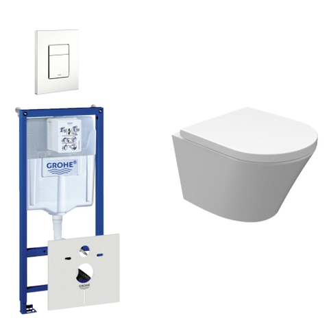 Wiesbaden Vesta Spoelrandloos toiletset bestaande uit inbouwreservoir, compact wandcloset met toiletzitting en bedieningsplaat wit SW110963