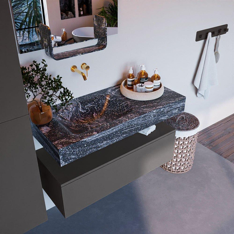 Mondiaz ALAN-DLUX Ensemble de meuble - 100cm - meuble Dark grey mat - 1 tiroir - Lavabo Cloud Lava suspendu - vasque Gauche - 0 trous de robinet SW808264