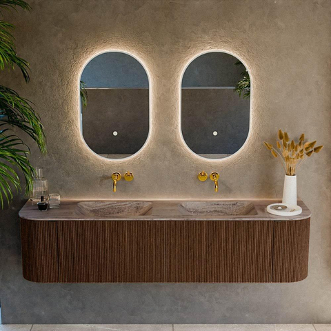MONDIAZ KURVE-DLUX Meuble de salle de bains 180cm arrondi gauche + droite couleur Walnut avec 2 tiroirs et 2 portes. Lavabo LEAF double sans trou de robinet Oza. SW1432481