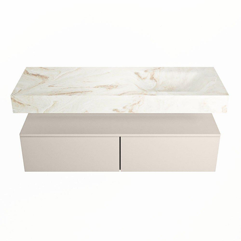 Mondiaz ALAN-DLUX Ensemble de meuble - 130cm - meuble Linen mat - 2 tiroirs - Lavabo Cloud Frappe suspendu - vasque Droite - 0 trous de robinet SW804701