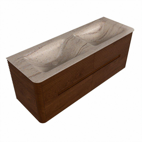 Mondiaz CIRO-DLUX Meuble de salle de bains - 130x45x50cm - plan vasque solid surface Saba - 2 vasques Double - sans trous de robinet - 4 tiroirs - Ruby SW1532167