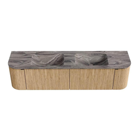 MONDIAZ KURVE-DLUX 180cm badmeubel ronding Links + Rechts kleur Oak met 2 lades en 2 deuren. Wastafel LEAF Dubbel 2 kraangaten Sombra. SW1433604