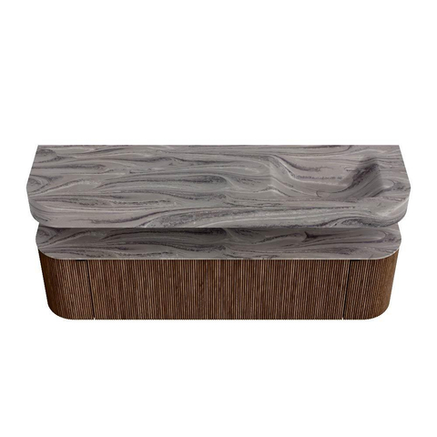 MONDIAZ THOR-DLUX 170cm meuble de salle de bains arrondi gauche + droite couleur Walnut avec 1 tiroir et 2 portes. Vasque suspendue CLOUD droite sans trou de robinet couleur Sombra. SW1465844