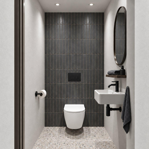 Adema Salina 2.0 Toiletset - 48.5x36x32cm - diepspoel - spoelrandloos - QeramiQ inbouwreservoir - softclose - quickrelease - toiletzitting - mat zwarte metalen bedieningsplaat - rechthoekige knoppen - wit SW1474592