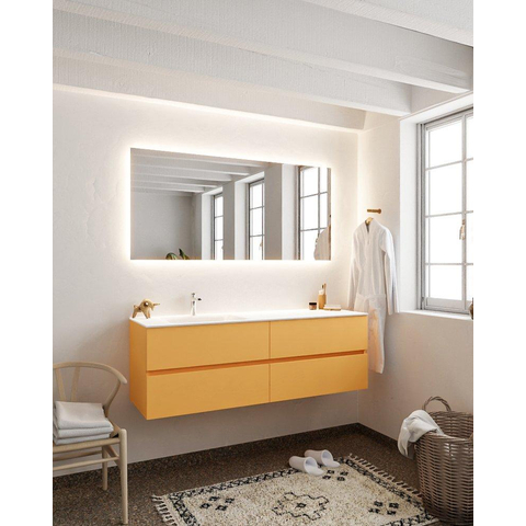 MONDIAZ VICA Ensemble de meuble salle de bain - 150cm - 4 tiroirs - lavabo Cloud gauche - 1 trou de robinet - solid surface ocre SW411058