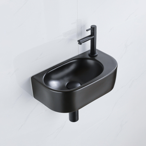 QeramiQ Fuente fonteinset – halfrond – 40x21.5x12 cm – keramiek zwart mat – kraangat rechts – mat zwarte kraan SW1232796