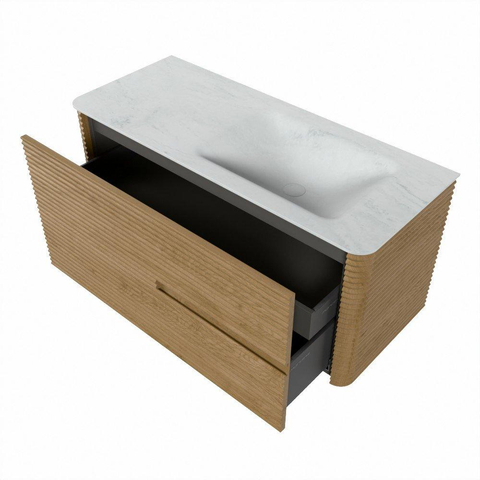 Mondiaz CIRO-DLUX Ensemble de meubles de salle de bains - 110x45x50cm - vasque solid surface Opalo - 1 bassin à droite - sans trous de robinetterie - 2 tiroirs - Chêne SW1531046
