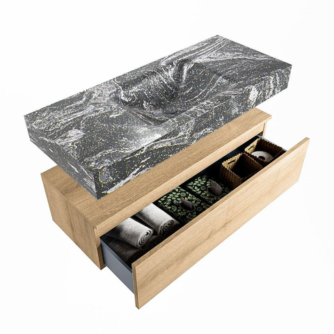 Mondiaz ALAN-DLUX Ensemble de meuble - 110cm - meuble Washed Oak mat - 1 tiroir - Lavabo Cloud Lava suspendu - vasque Centre - 1 trou de robinet SW809039