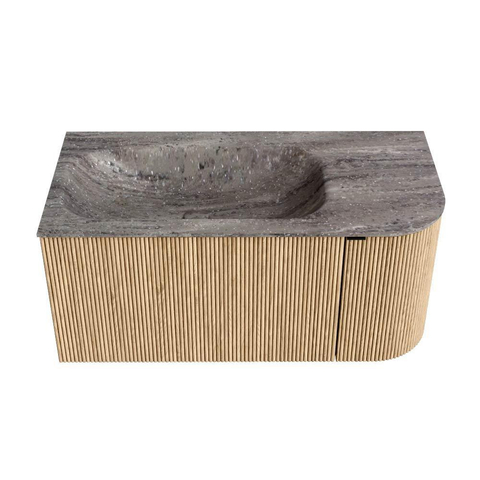 MONDIAZ KURVE-DLUX 95cm badmeubel ronding Rechts kleur Oak met 1 lade en 1 deur. Wastafel BIG SMALL Links 1 kraangat Oza. SW1432627
