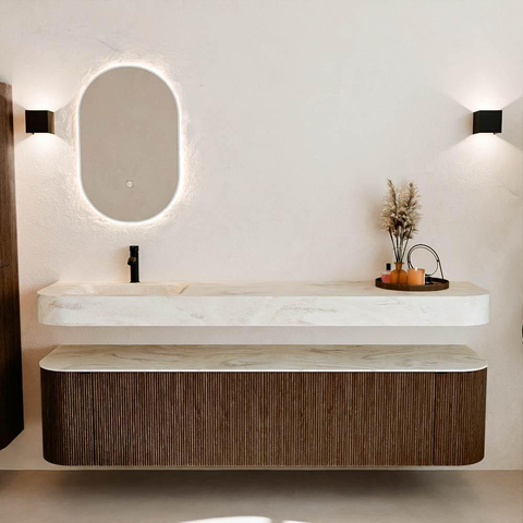 MONDIAZ THOR-DLUX Meuble de salle de bains 190cm arrondi gauche + droite couleur Walnut avec 2 tiroirs et 2 portes. Vasque suspendue CLOUD Gauche 1 trou de robinet couleur Ostra. SW1466450