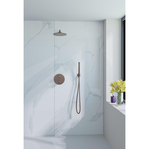 Fortifura Calvi inbouw Regendoucheset - rond - thermostatisch - wandarm - 25cm - hoofddouche - staaf handdouche - gladde slang - PVD - geborsteld koper SW1244330
