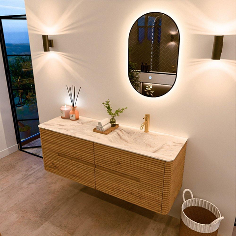 Mondiaz CIRO-DLUX Ensemble de meubles de salle de bains - 140x45x50cm - Vasque solid surface Frappe - 1 lavabo à droite - 1 trou de robinet - 4 tiroirs - Chêne SW1530878